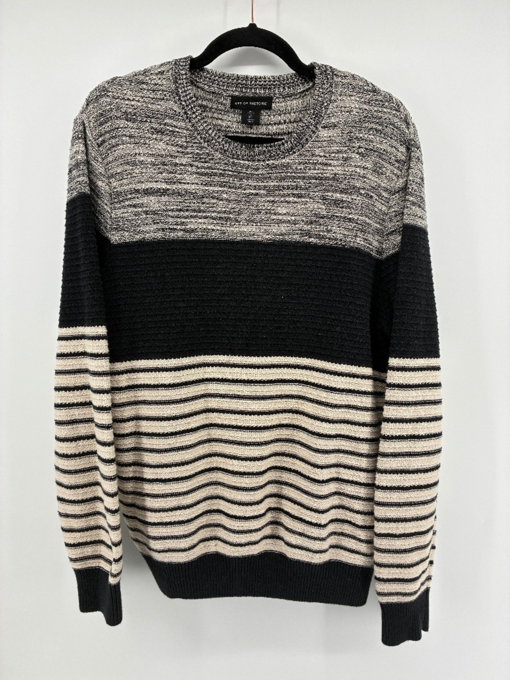 Art of Rhetoric Men’s Knit Black and Cream Striped Crewneck Sweater